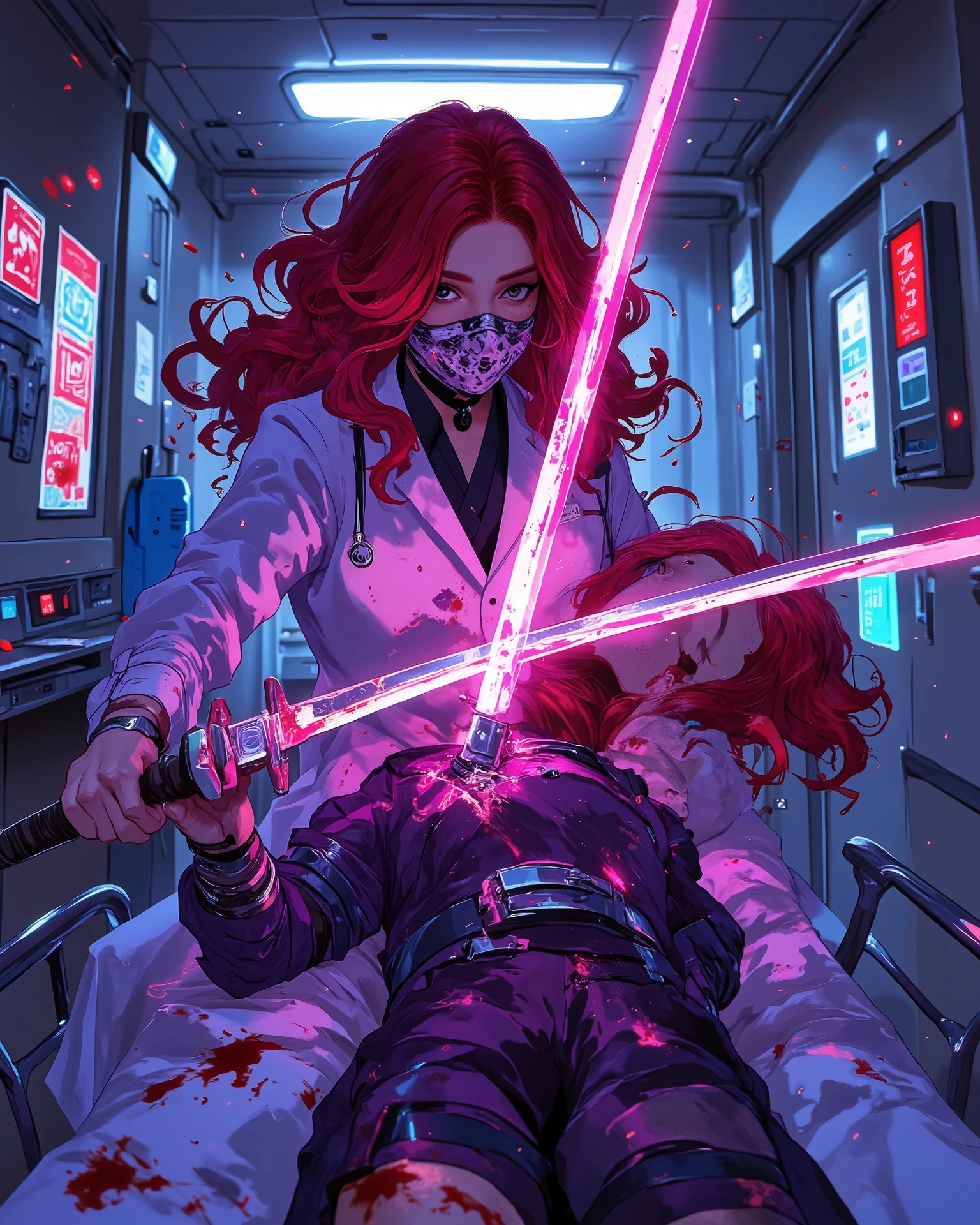 masterpiece, perfect image, detailed, 4k, cinematic angle, perfect human anatomy, cinematic photography, perfect fight scene, a nurse from the game Silent Hill with a bloody lab coat and a completely covered face attacking a beautiful woman (beautiful curves), long red hair and wavy at the ends, wearing purple cyberpunk armor with pink neon details, lying on top of a hospital stretcher holding a sword with pink neon on the blade with both hands in a defense position in front of the body while the nurse from the game Silent Hill is on top of her attacking her with her hands and face close to the blade, the setting is an abandoned and poorly lit hospital, neon lighting from the sword illuminating the nurse from the game Silent Hill with perfect reflection, lights in the background flashing and poorly lit, ray tracing, perfect shadows, atmosphere like a nightmare