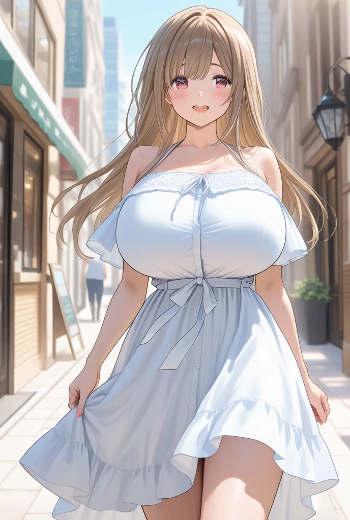 masterpiece:1.4,best-quality,Super Detail,Very Delicate and Beautiful, beautiful sexy idol, blonde hair, very gigantic breasts, cleavage, very slender, perfect face, civilian clothes, off-shoulder, panties, thong, in city