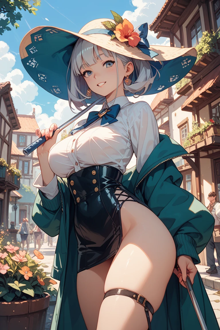 ((pale colour)),35mm, debt/1.2, super High resolution, Attention to detail, Highest quality, High resolution, masterpiece、masterpiece, Highest quality, Super detailed, Fantasy、Too much exposure、Gaping ????、Nipples、Small breasts、 One girl、(Blushing, drunk, absent-minded face:1.3)、another world、Girl in a hat、cute、another world outfit、Grass grows on both sides of the cobblestones_There is a brick building behind１item,anime、pale colour、close、Curly brown hair、