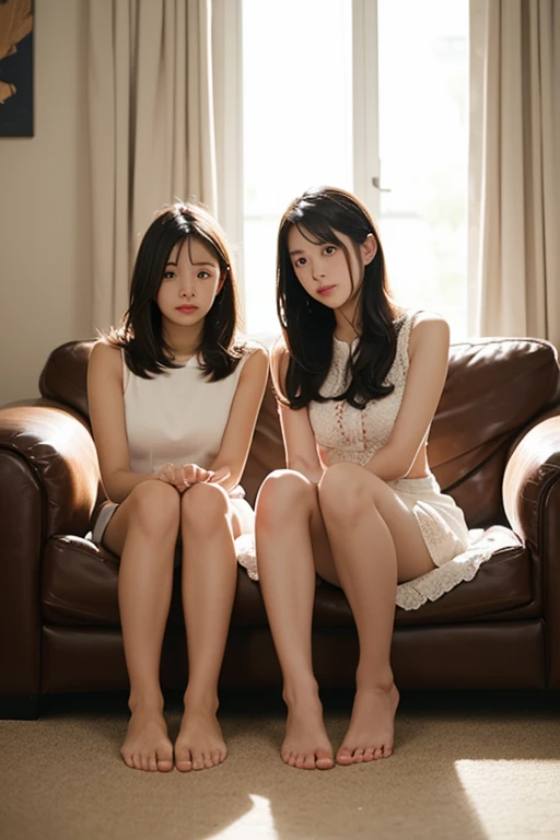 An ultra-high picture quality、Perfect Photo、Japan beautiful girl、A 12-year-old girl、 middle school girl、Black Haired Beautiful Girl、(((knees up)))、(White blouse)、(Pleated miniskirts and shirts)、((Raised mini skirt))、(sit on sofa)、(It hurts a lot)、(((White panties are visible)))、(half-opened mouth)(I can see a little bit of underwear)、kne、ankle、weak gaze、(((Anxious expression)))、