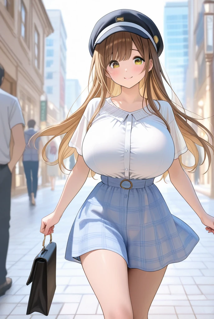 1girl, bag, large breasts, strap between breasts,