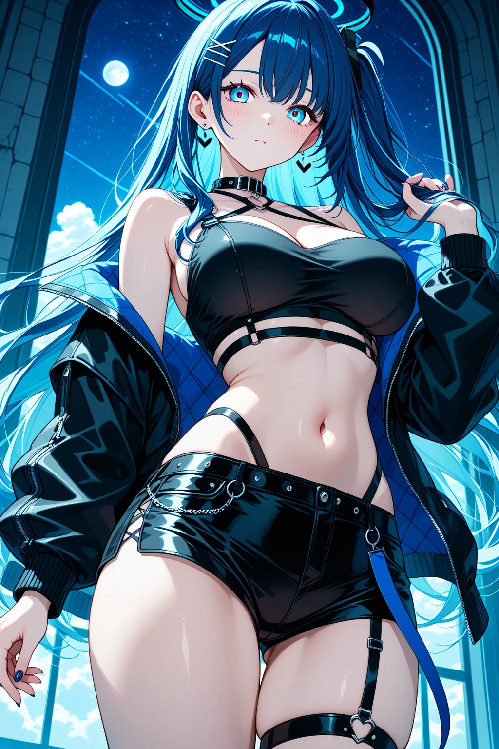 Miku Hatsune, add alta definición_detail:1, blue fur,kitsune ears, tatuaje tribal add_detail:1,pose in bed, scoating position during a full moon showing off her beautiful figure and her outfit (black blouse bare shoulders, denim mini shorts) add_details:1, sonriendo add_detailsl:1, ear piercing add_detail:1, scoating position on bed add_detail, shy teen add_detail:1, aqua add pupils_detail