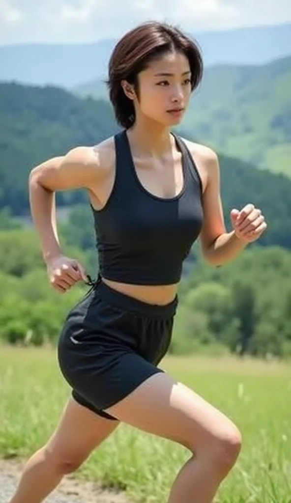 1 girl, very short black hair, best quality, high resolution, clear image, very high resolution, (fidelity: 1.4), photo, day, best quality, 8k, (masterpiece: 1.3), (very slim, slim, very muscular figure: 1.3), ultra-realistic, woman poses for a photo and smiles, looks straight into the camera, summer, stands on a path leading to the top of a mountain, peaks of other mountains visible, (Anastasia ovchinnikova ), black short hair, short black hair with a fairy-tale hairstyle, with short hair (Olga Buzova), short black hair, like (Alina Ivanchenko), short dark hairstyle, fairy-tale hairstyle, (Julia Gorokhova), (very slim, slim, very muscular figure: 1.3), skin with very accurate texture, skin pores visible, ultra realistic image, short black fairy-tale hair, skin with very accurate texture, skin pores visible, beautiful hands, very clear navel, outdoors, best quality, very high resolution, raw photo, bright diffused light, black sports shorts, short white sports T-shirt,