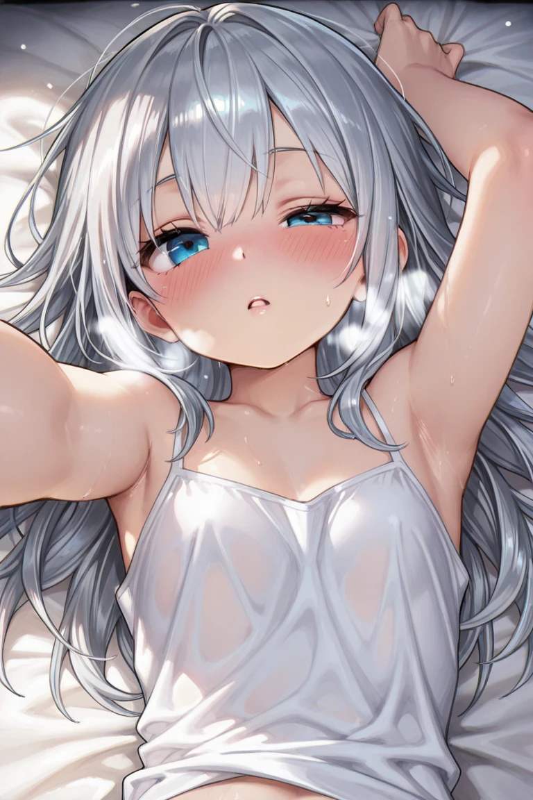 beautiful, masterpiece, Highest quality, anime, One girl,Portrait Shot, View your viewers, Covered、Long Hair、nearby、Blue Eyes、art、White hair,black streaked hair、Thighs、Braid、Wet Shirt、 Light Blue Bikini、Pool、Bright、smile、Lying on your back、See-through bikini