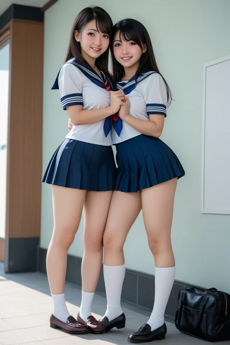 8K quality, Masterpiece, Bright lighting without shadows, Two busty women standing side by side, (Super big breasts compressed by clothes), Whitening skin, Sparkling Blue Eyes, Sailor collar uniform, Pleated skirt, Above the knee, Skirtliftv1, (Booty stretched and highlighted by hands), A frontal shot that emphasizes her huge breasts, White panties, grabbing own ass, skirtlift,