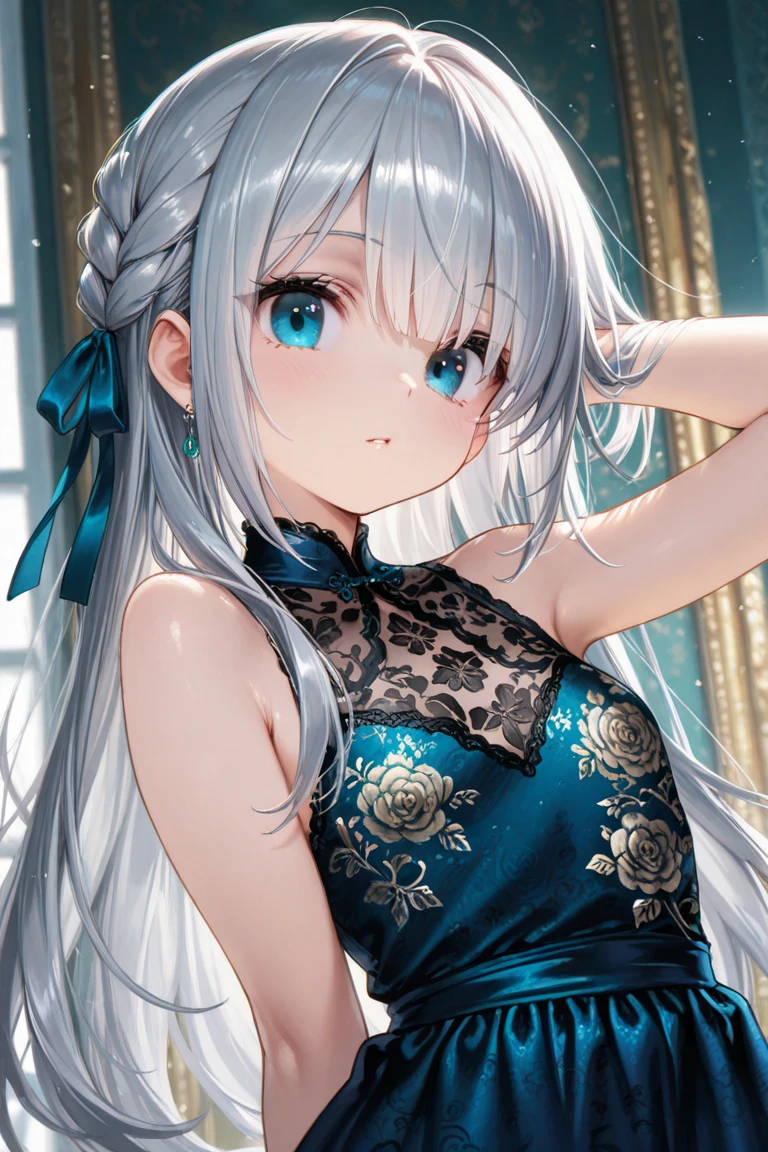 (masterpiece, best quality:1.4), One girl,(top quality eyes) ,(droopy eyes:1.4),(A detailed depiction of the cyan and lavender blend creates a colorful iris), (straight silver hair:1.6), inner hair color highlights of deep purple:1.7), (parted bangs:1.9), orgasm face, (Show the whole body), Medium chest, sundress, (frill), Particles of light, The morning sun shines through the window, Standing by the window
