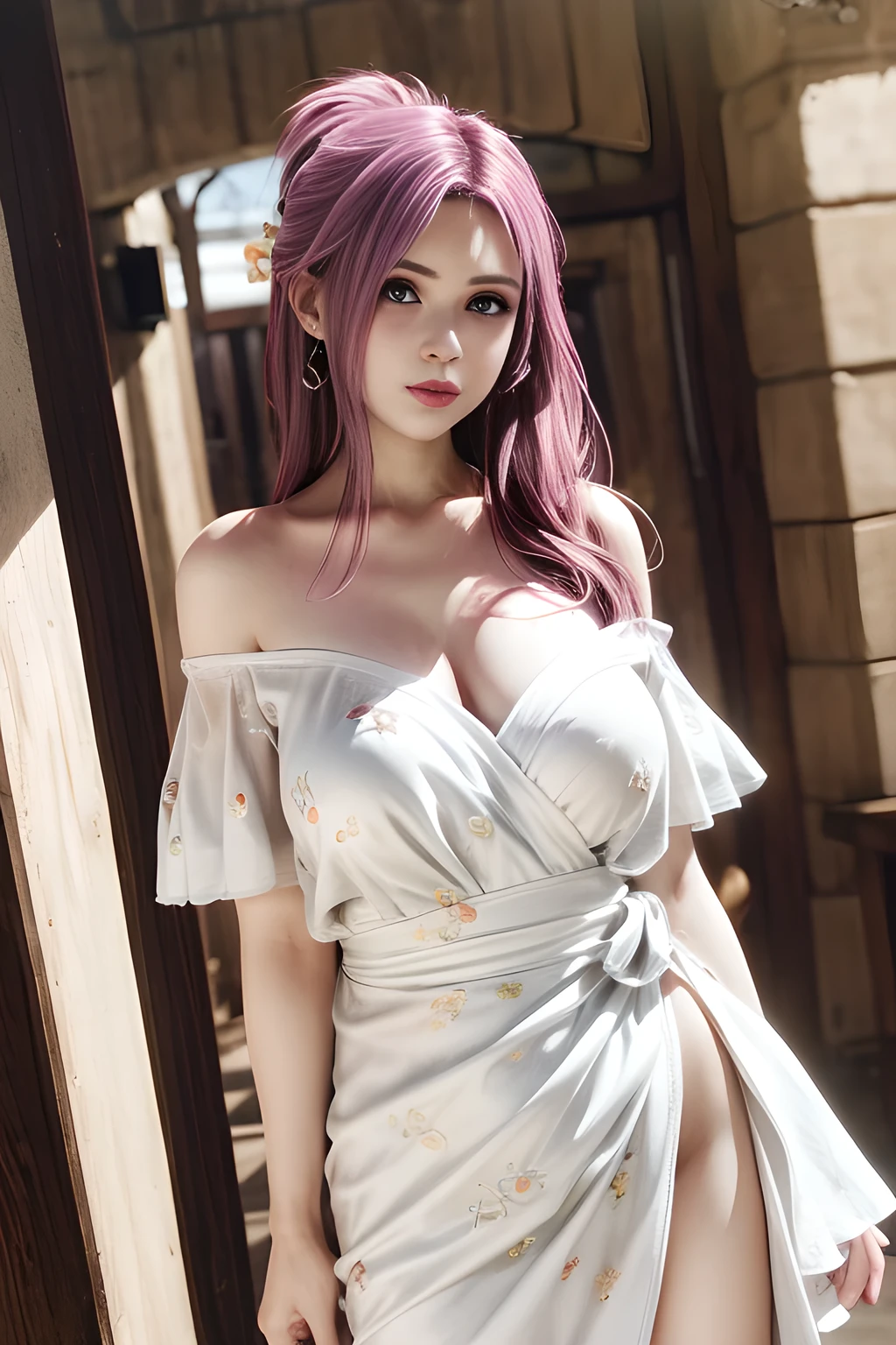 1 girl,Alice,(pajamas),(White strapless dress:1.4),outdoor, (standing posture),grace,(((red lips))), Lips slightly open, clavicle,Lactation,(huge breasts),shiny skin,((8k, original photo, top quality, masterpiece), HD RAW color photos professional close-up photos, (actual, photorealism: 1.37), (best quality),8k,Fabric luster,alone,