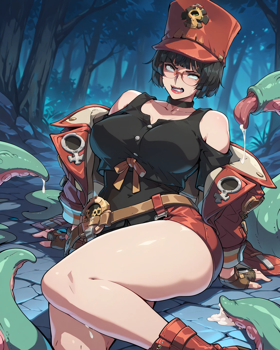((1 dwarf woman, size difference)),((open mini blouse, mini skirt))),((huge breasts, naked breasts, naked pussy, very hairy pussy)),((orange hair)) ,(( 1 blue eyes, round glasses, hopeless face)),((standing, In a haunted forest, at night)),((1 arm behind the back)),