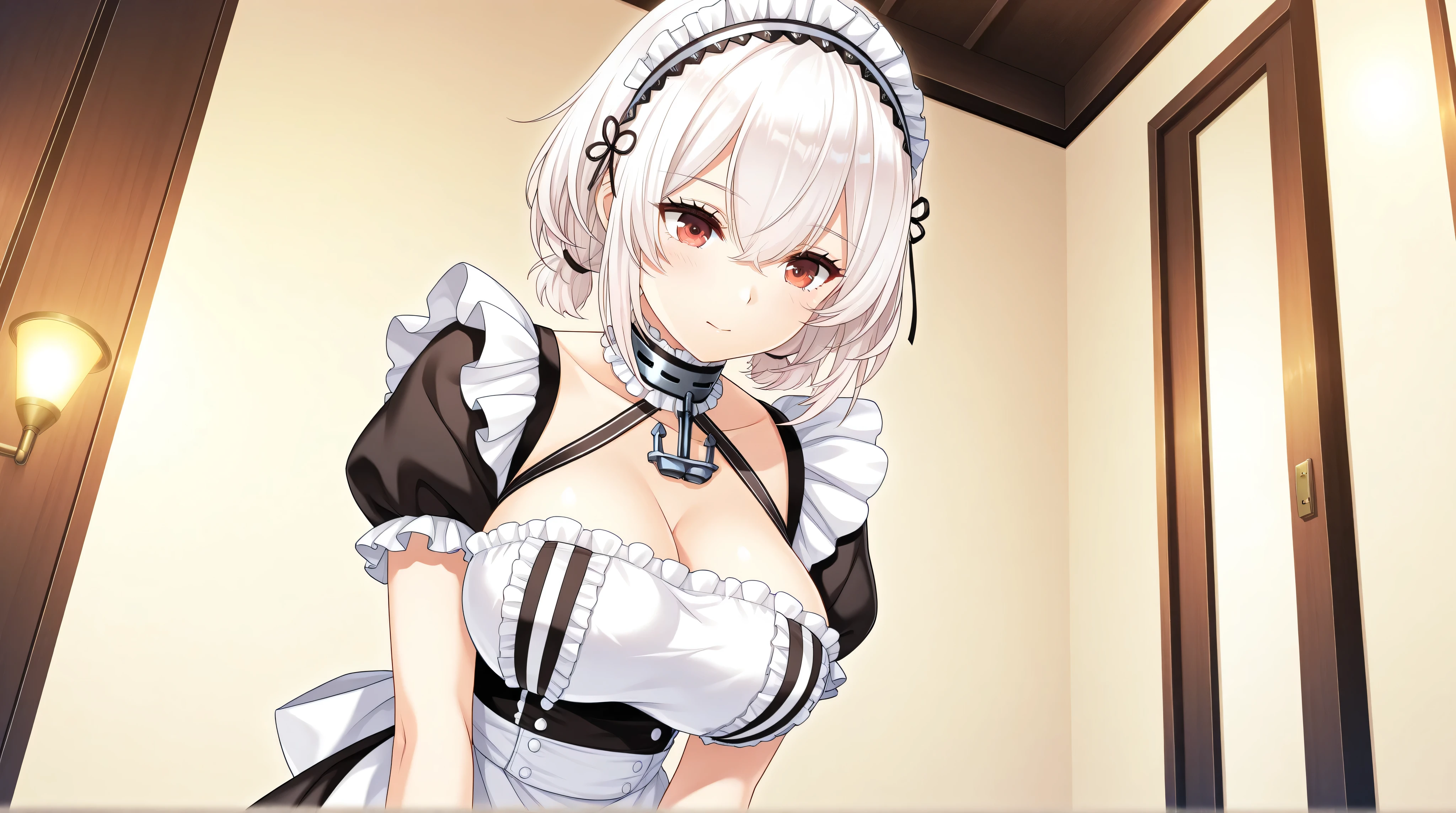(masterpiece, best quality:1.2),illustration,8k,hd,1girl,solo,upper body,(portrait:1.2),short_hair,large_breasts,white_hair,dress,white_thighhighs,underwear,short_sleeves,frills,apron,red_eyes,cleavage,metal_collar,anchor_choker,maid,white maid,<lora:Sirius(azur)>,