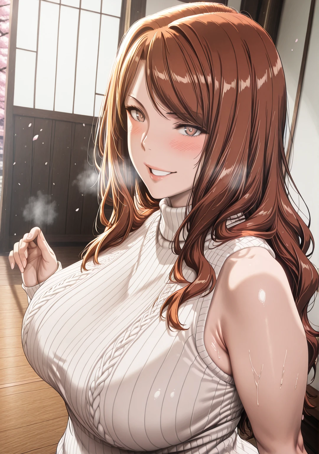 Babu-style, (luminyu-style:1.2), (shouji_nigou-style:1.4), (jeneral-style:1.2), ((anatomical correct)), ((Cinematic, unreal engine, eye-catching, ambient occlusion, UHD, masterpiece)), ((perfect lighting, soft shadow)), perfect body, perfect eyes, perfect fingers, gasping, heavy breathing, gasping profusely, ((skindentation)), ((curvy)), mugino shizuri, long hair, wavy hair, brown hair, brown eyes, bright pupils, plump, (steaming body:1.5), 1girl, breasts, solo, looking_at_viewer, turtleneck, sweater, sleeveless, smile, ribbed_sweater, bare_shoulders, cherry_blossoms, sleeveless_turtleneck, blush, turtleneck_sweater, upper_body, hair_intakes, closed_mouth, alternate_costume, white_sweater, flower, sleeveless_sweater, parted lips falling petals, shaded face