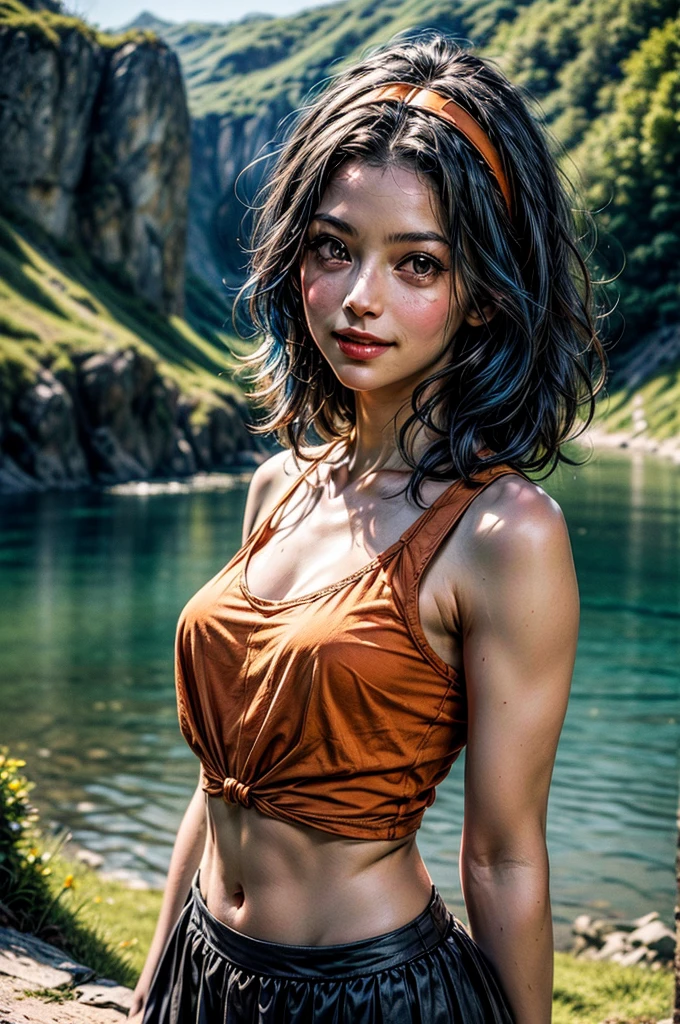 (masterpiece),best quality, full body portrait,expressive eyes, perfect face, freckles face,red hair ,perfect body, Big breast,A girl wear green hoodie,zip open, village background, realistic photography, vivid color,soft shadow,amandamanopo, 