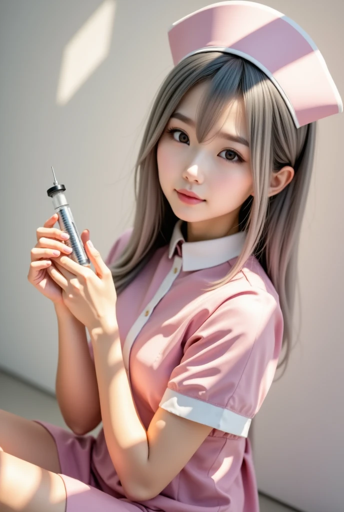 Ultra detailed, ultra-realistic, high definition, top quality, 8k, one goddess, 20 year old goddess of Japan, Japan idol, smiling female doctor with pink hair, half-up long hairstyle, wearing white knit short dress in doctor's office, white half jacket, wireless headphones (ultra-realistic), E cup big