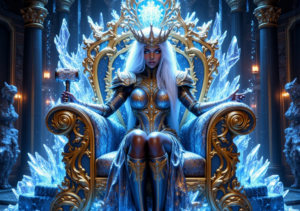 beautiful sexy african american Ice queen sitting on Throne, blue eyes, winter weather in an ice palace, palace made of ice, anamorphic, video art, vibrant colors, dynamic lighting, ultra high detail, dramatic lighting, movie poster, asymmetric composition, ultra detailed, full HD, unreal engine, artstation, photorealistic, highly detailed league of legends art style, masterpiece, highest quality, wearing thick white fur coat, light calm colors, light blue gown, crystal