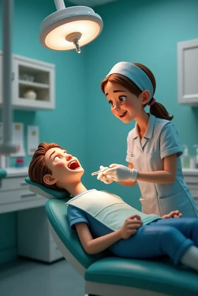 Give me a photo in which a lady nurse is treating Antman's teeth and he is screaming in 