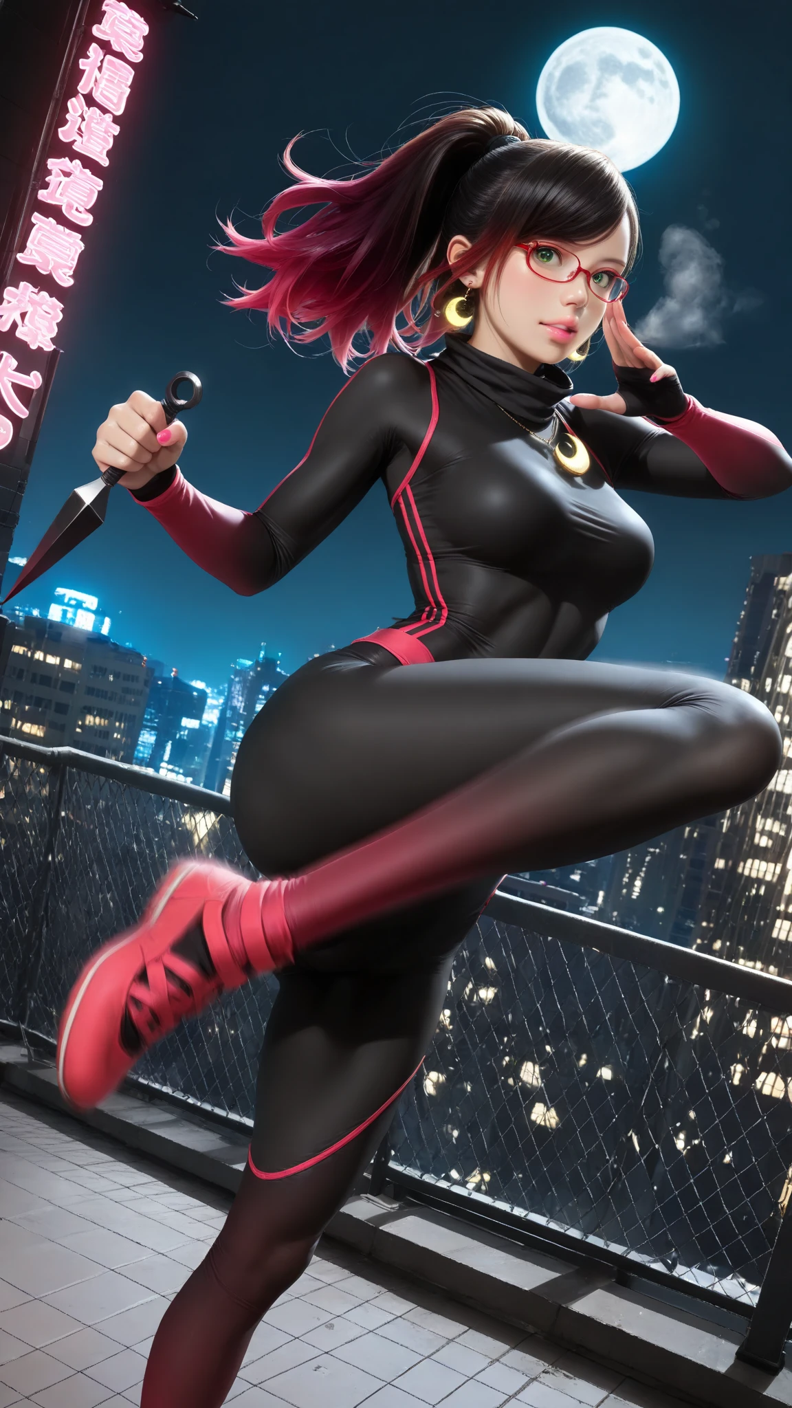 mature woman, (1girl:0.5), masterpiece, anime screencap, hair bow, kiriko \(overwatch\), <lora:Kiriko-20:1>, off shoulder, holding, smile, sneakers, breasts, blue eyes, pants, headphones, red footwear, fingerless gloves, hair between eyes, skates, mask, aqua hair, parted lips, tank top, headphones around neck, white tank top, solo, red gloves, building, looking at viewer, short hair, black pants, cyberpunk, bow, facial mark, leggings, black jacket, city, gloves, fox mask, tight pants, jacket, cleavage