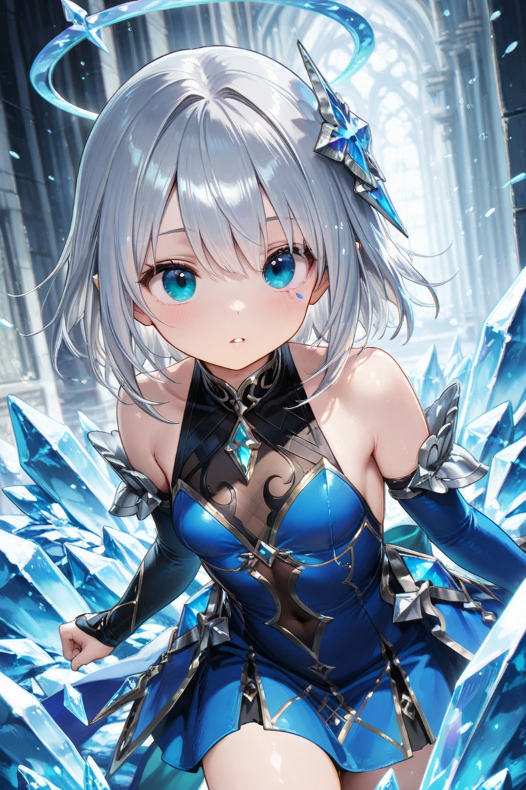 (masterpiece, best quality), 1girl, blue hair, ice hair, blue eyes, ice shards, hands crystal ice, ice blade, blue magic circle, blue corset, black thighhighs, sidelighting, light particles, abstract, <lora:add_detail:1>