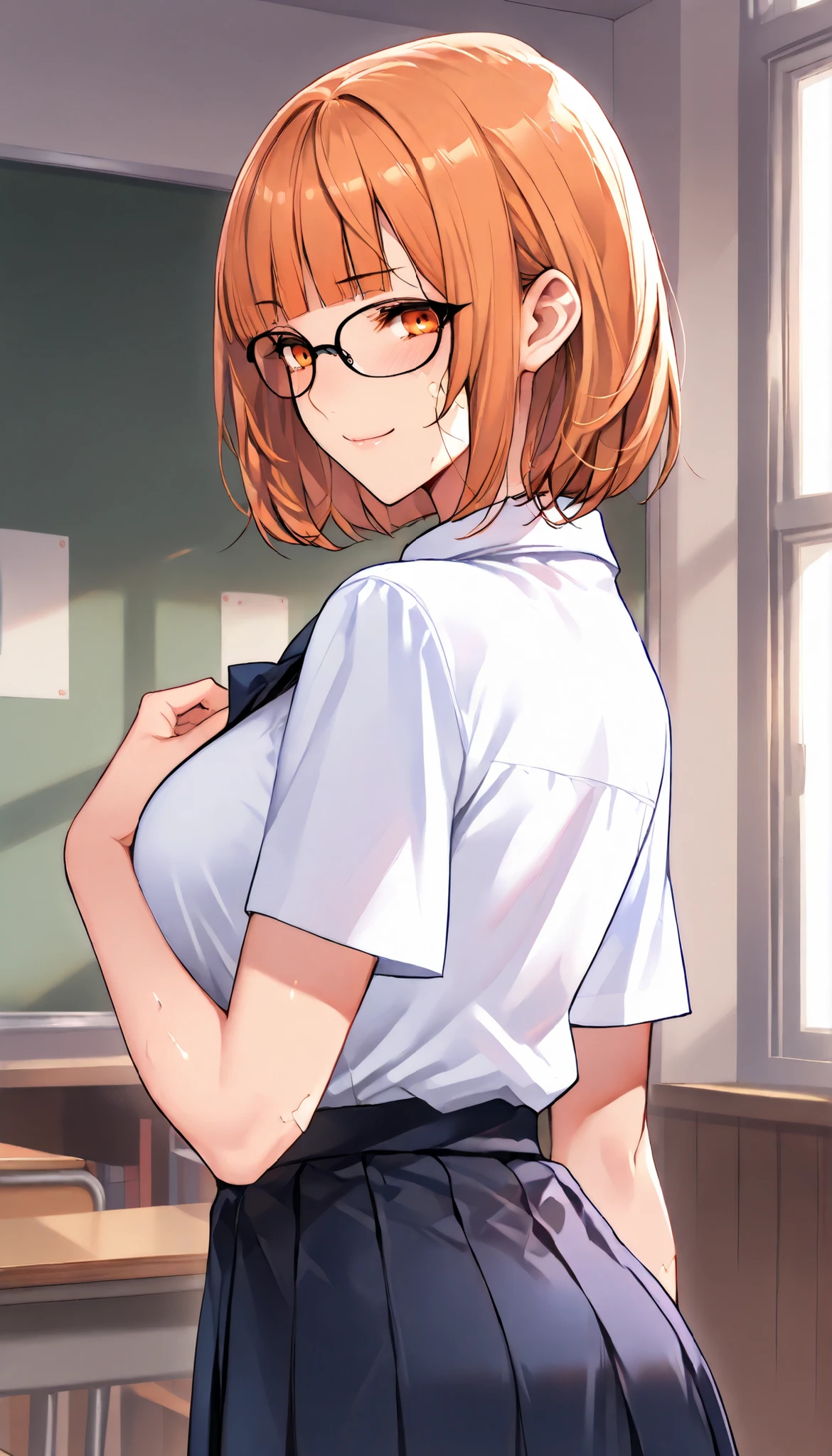 1 girl, anatomically correct, short hair, orange hair, messy hair, very messy hair, beautiful blue eyes, nerdy glasses, smiling, a lot of semen on her face, a lot of cum on her face, cum on her cheeks, cum on her glasses, semen on her cheeks, semen on her glasses, white shirt, unbuttoned shirt, cleavage, medium sized breasts, giving a handjob to the viewer, stroking viewers dick, stroking viewers penis, handjob pov, girl grabbing viewers penis, 8k, best quality