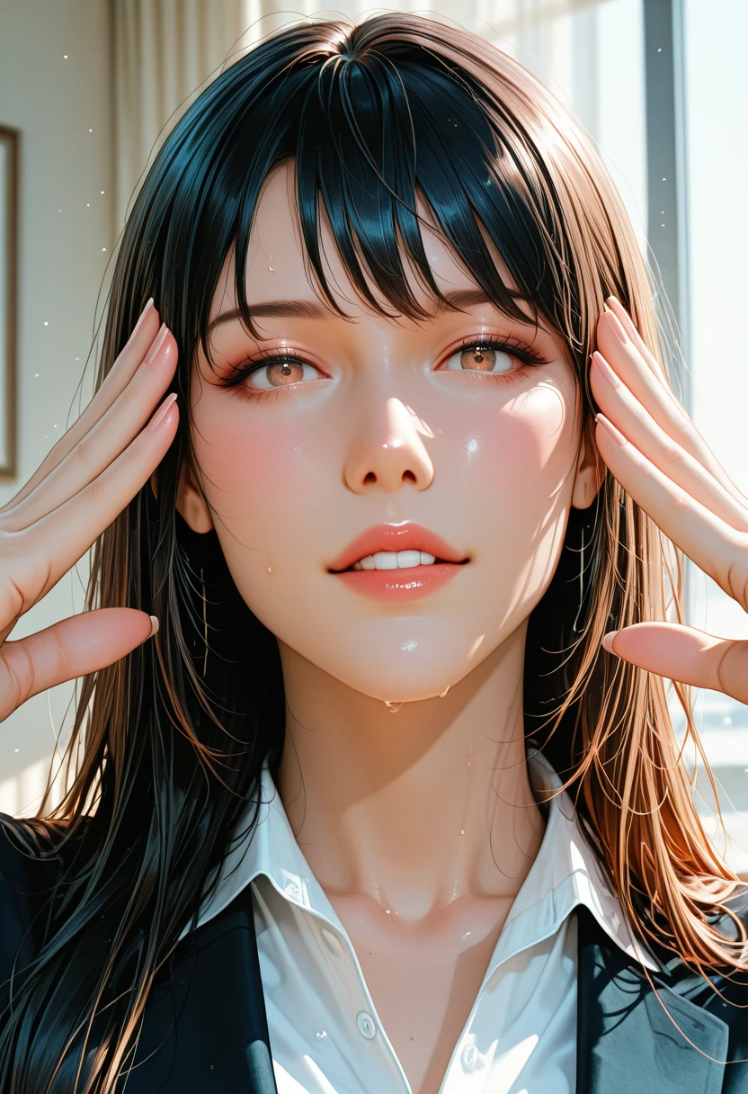 1 girl, (((Kobeni Higashiyama from Chainsaw man))), (Masterpiece, sidelight: 1.2), top quality, ultra detail, high resolution, super detail, very complex, complex decoration, 8k, hiqcg, high resolution, very delicate and beautiful, 8k wallpaper, detail, official art, highly detailed CG Unity 8k wallpaper,
Side Light, 3D Face, Perfect Face, Realistic,
Right figure, right hands, shiny skin, perfect skin, perfect body, cute, beautiful detailed face, young woman, perky breasts (medium_breasts:1.3), (school swimsuit), mad face, yandere, sweating, crying, blush, black derby tie, ((shirt with white collar))(brown eyes), 20 years old, (peace sign), (crotch open: 1.3)), (( Open legs: 1.3)), Whole body, ((Scary:1.2)), ((Fear: 1.2)), Tears, Runny nose, Omorashi, Tall, Open mouth, Beautiful teeth, ((drooping breasts: 5.0), ((White shirt)) --auto --s2