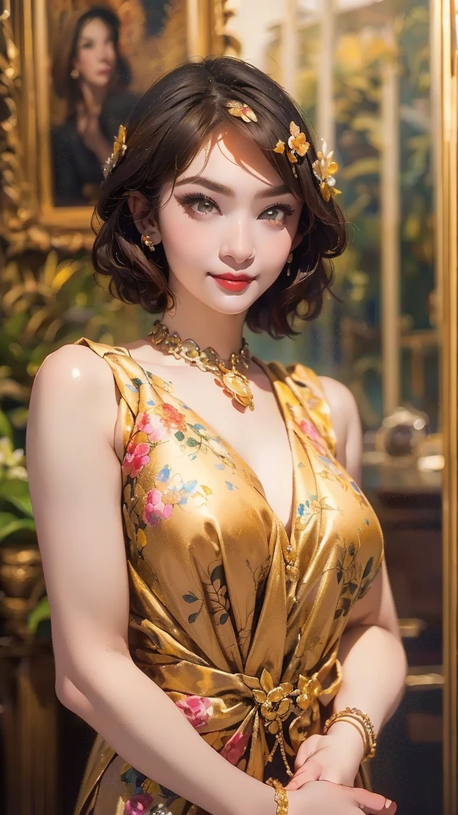 a close up of a woman in a dress posing for a picture, in a room with floral wallpaper, a portrait by Radi Nedelchev, shutterstock, art nouveau, in the glamour style, glamor hairstyle, dressed like in the 1940s, very beautiful style, very beautiful young woman, retro and ethereal, wearing an elegant outfit, elegant fashion model, young woman in a dress