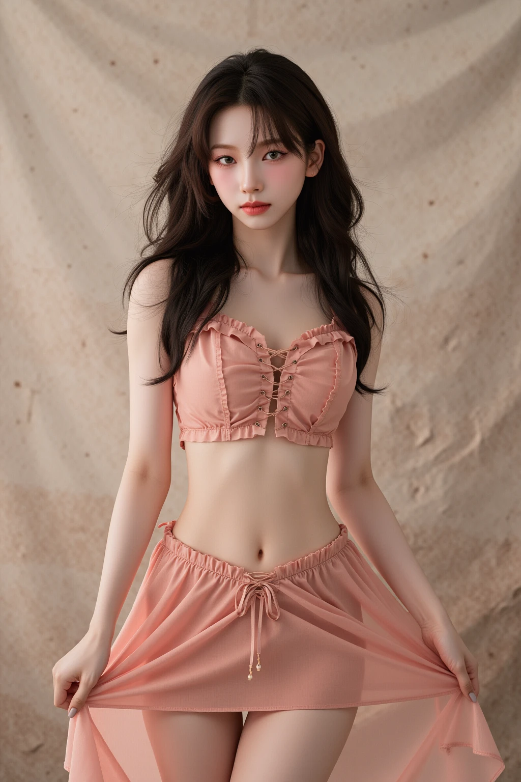 masterpiece, absurdres, 1girl, solo,mature female, off-shoulder strap bra, high waist short skirt, looking at viewer, perfect composition, detailed lips, small breast, beautiful face, body propotion, blush, (pink lips), long hair, purple eyes, soft gaze, super realistic, detailed, photoshoot, realistic face and body,
