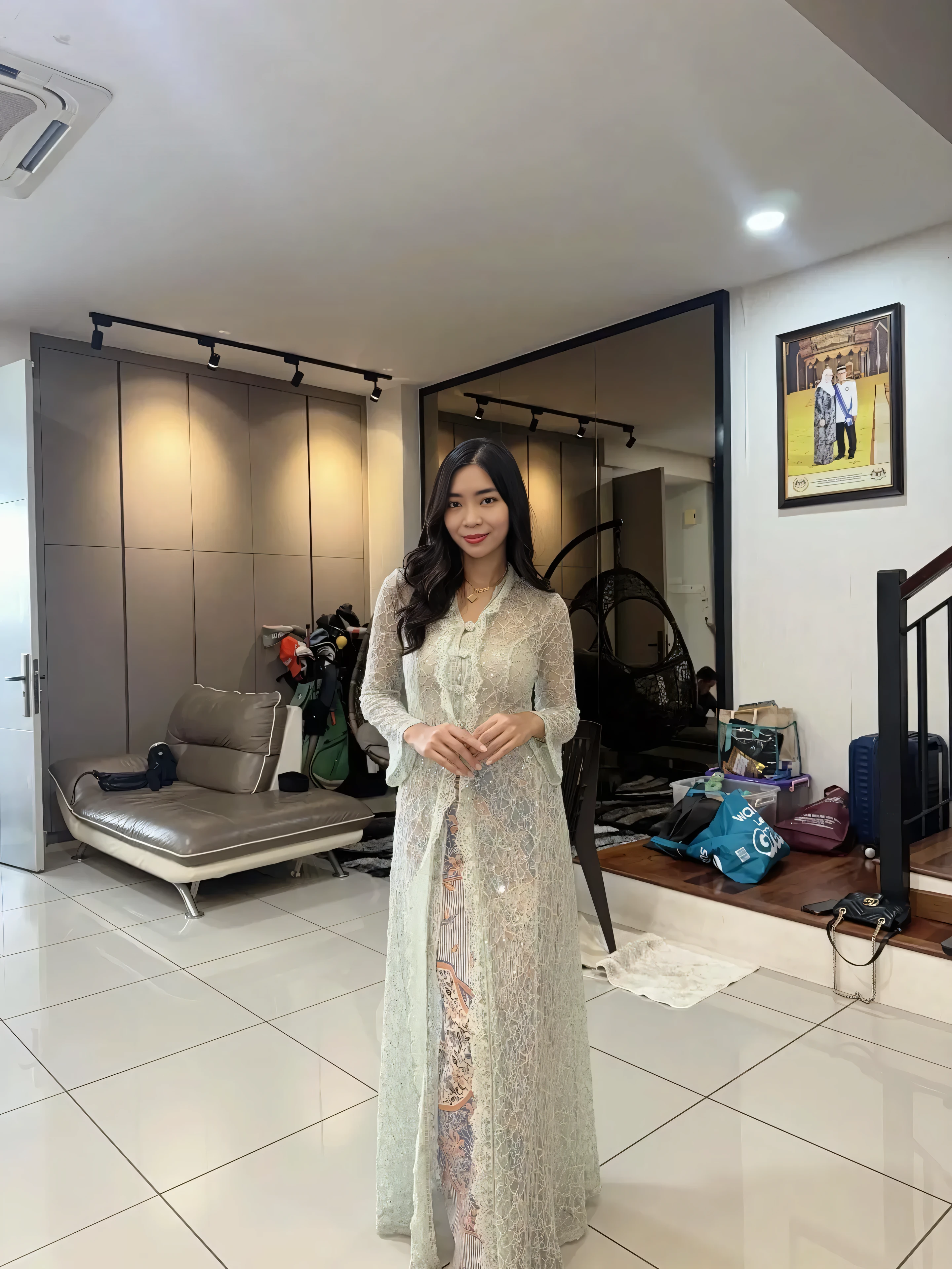 A beautiful 20 year old woman wearing a kebaya with a thin smile, Bedroom background