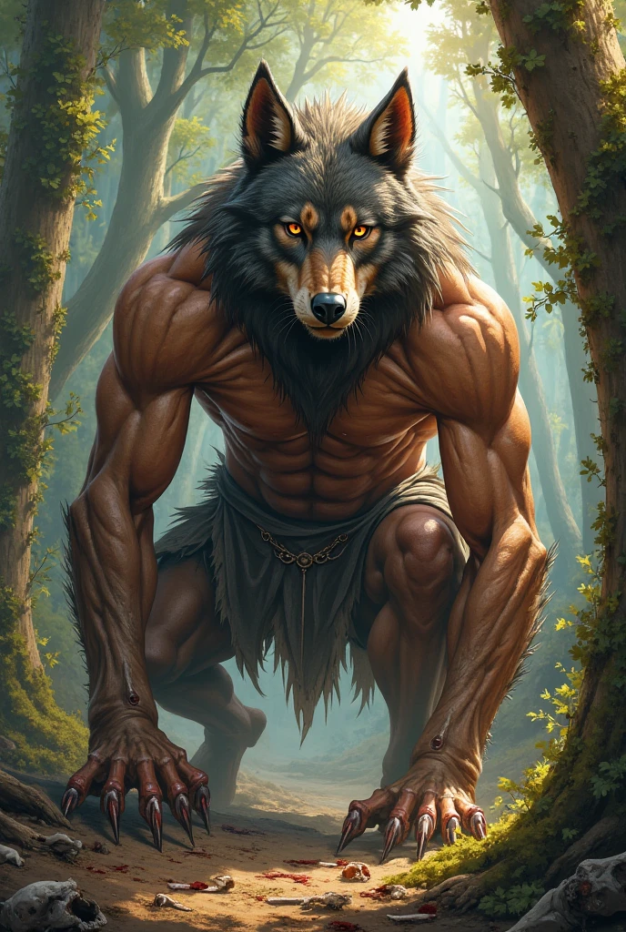Guara wolf werewolf, monster, twink, The color of his fur is a mixture of orange, black, brown and white details, he is thin, just like a fox, he is hunting in the Amazon forest, and has a face of fury and anger, action pose, gay twink, forest amazon, he is covered in blood, fury, angry, gay twink, action pose, monster, blood, full body
