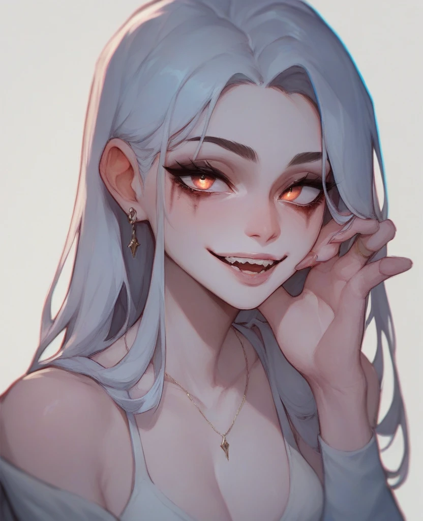one white girl, briar, briar of league of legends, solo, abs, slender body, (upper body, bust:1.2), pale eyes, white hair, choker, (sharp teeth, pale skin, grey skin:1.3), (yukata, japanese clothes, tiny breasts, small breasts, male chest, cleavage:1.5), bare shoulders, belts, shoulder-belts, masterpiece, highly detailed, look at viewer, expressing joy, shiny blured orange background, gradient sprayed background, smile, happy face, naughty grin, front view, gradient red purple background, blured background, glowing edges of image