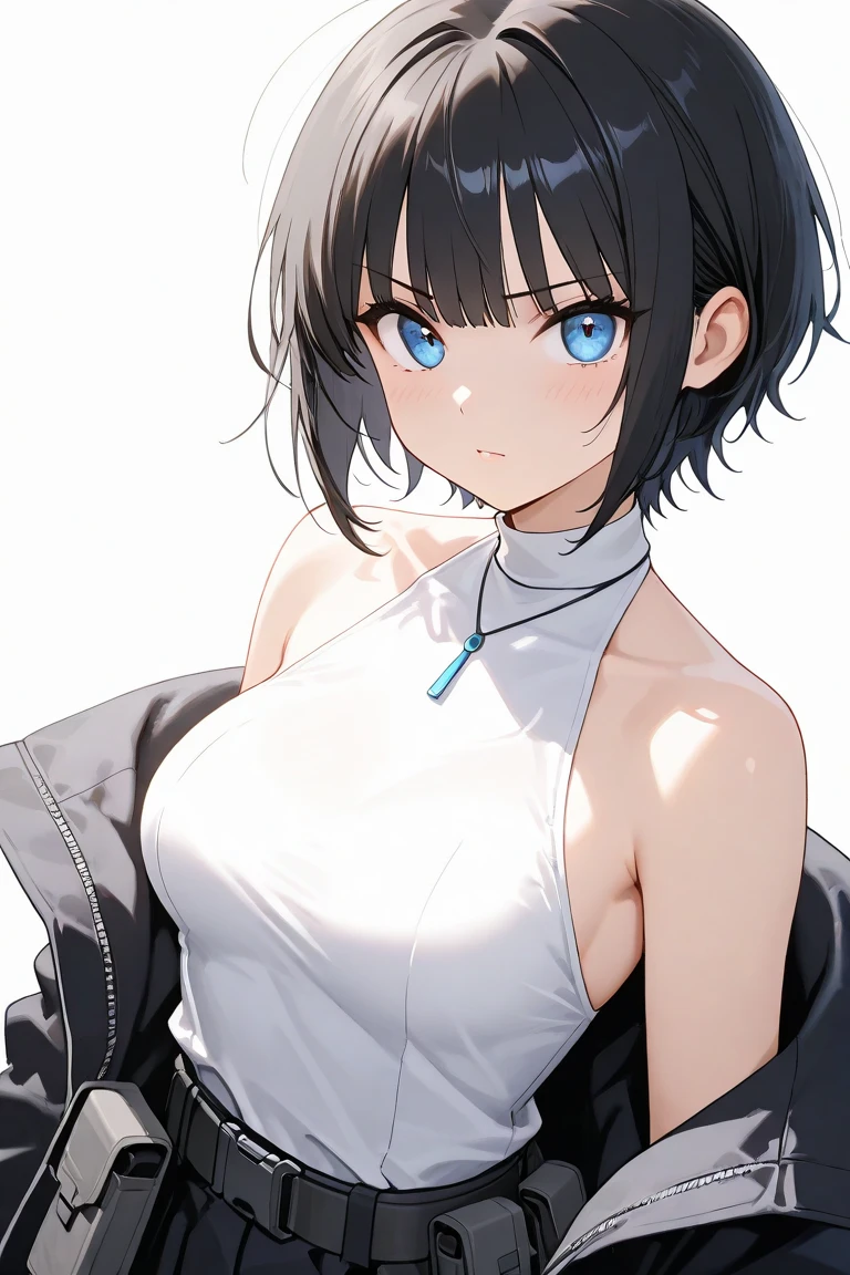 (the golden ratio:1.2),Works of masters,[(white paper background:1.4)::10],(8K, Best quality at best, tmasterpiece:1.2),\(Eyes detailed\),\(facial feature\),(\(Clothes detail details\)\),(1 girl:1.2),Alone,Upper part of the body,black hair color hair,messy  hair,Short hair details,Hair on both sides,Qi bangs,(white gray eyes:1.2),short and thin girl,(Wearing a white turtleneck skirt:1.2),[cropped shoulders],Malnutrition,flatchest,[vaguely visible ribs],(Sick:1.2)