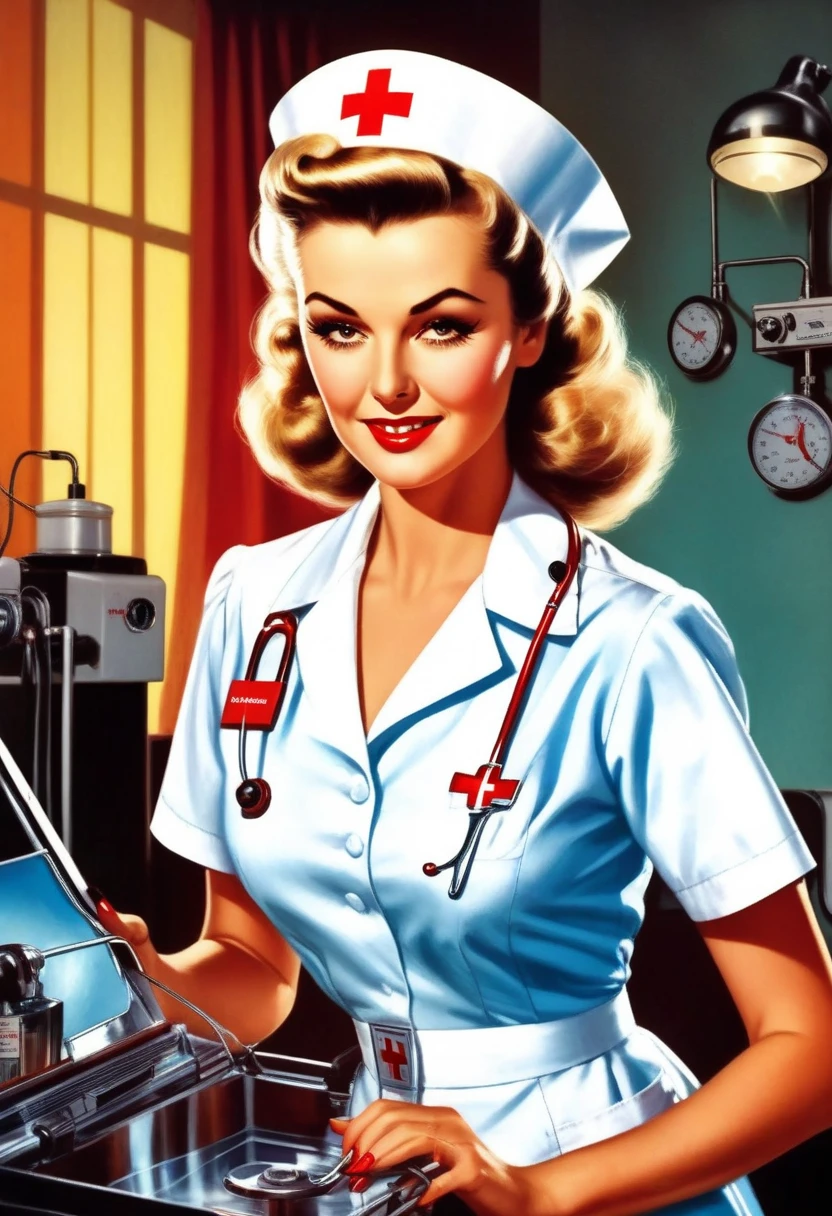 ((evil nurse in laboratory, girl in shredded dress, underwear, hacksawing her arm off))) by Mort Kunstler, by Norman Saunders, By Basil Gorgos, by Frank Frazetta, by Bernie wrightson, Fumetti style, 50s 60s aesthetic, Men's action magazine vibe, very vintage retro, lurid and vivid colors, soft lighting, medium contrast, HD, 8x, intricately detailed, ripped borders, torn and wrinkled pages