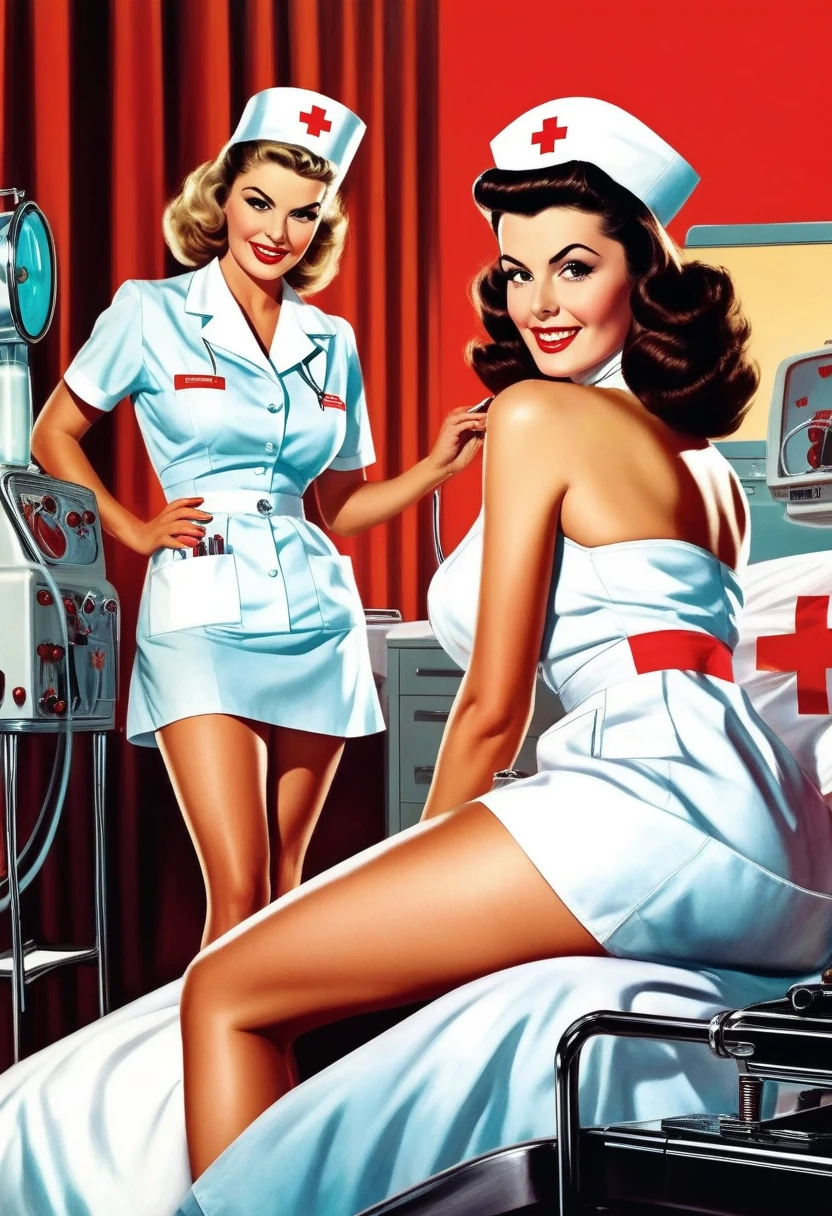 ((evil nurse in laboratory, girl in shredded dress, underwear, hacksawing her arm off))) by Mort Kunstler, by Norman Saunders, By Basil Gorgos, by Frank Frazetta, by Bernie Wrightson, Fumetti style, 50s 60s aesthetic, Men's action magazine vibe, very vintage retro, lurid and vivid colors, soft lighting, medium contrast, HD, 8x, intricately detailed, ripped borders, torn and wrinkled pages