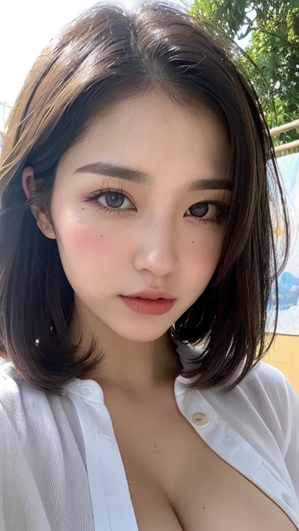 20-year-old women、Japanese、Beauty、The eyes are double、White T-shirt、White Background、Breast、Beautiful Skin、Glossy Lips、Black short hair、Upper Body、head whole、Selfie from diagonally above