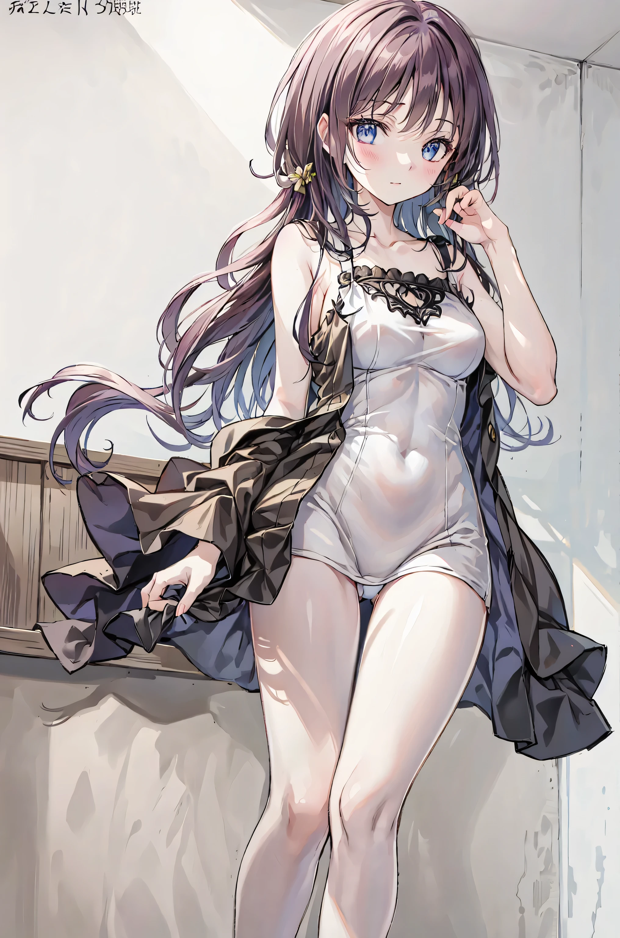 (masterpiece), (best quality), perfect face, beautiful girl, white background background, delicate and beautiful face and eyes, dark intense shadow, 
1 girl, vtuber style, cool girl, hololive, Anya Melfissa, bikini, wet body, big chest, cropped shoulders, clavicle, winking, smile, bare feet, chest visible through clothes, ass visible through thighs, (full body), looking at viewer, standing, 