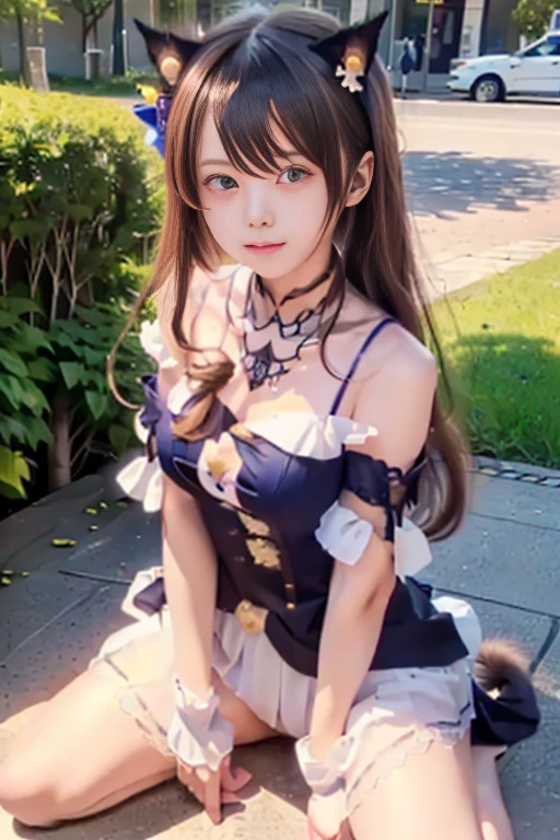 In the daytime,Outdoor riverside, 校服,White lace open-cut dress, Superskirt, Purple colored hair, Long hair and waist,Extra-large big breasts, -yeld gi,Beautiful teenage girl, oh, God, divinity, Sit on the railing,opening legs,White lace stockings ,Stockings strangle,Hairline, slanted bangs, cinmatic lighting, Lens glare, hyper HD, high detal, high qulity, A high resolution, best qualtiy, 8K, 16k, high detal, high qulity, super detailing, anatomy correct, tmasterpiece, ccurate