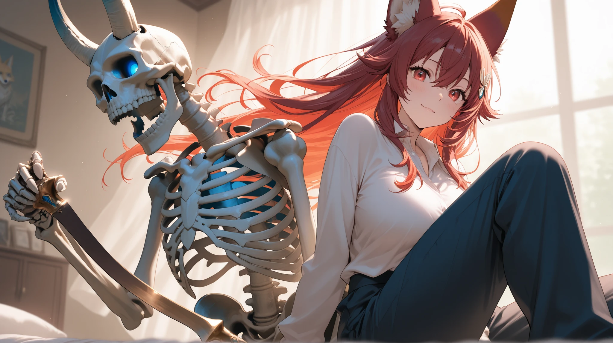 scary, ????? tree, tree, branch, forest, teeth, plant, monster girl alone, nature, woman's body with sharp teeth, skull face, cat ears, big round and red eyes, open chest with bones appearing, soil, checkered, horror \(theme\), outdoors, looking at the viewer, mouth open, breathtaking eyes, skeleton, bright eyes, palm, leaf, feathers, feathers, feminine focus, animal, vines, fangs, gothic, darkness, night,