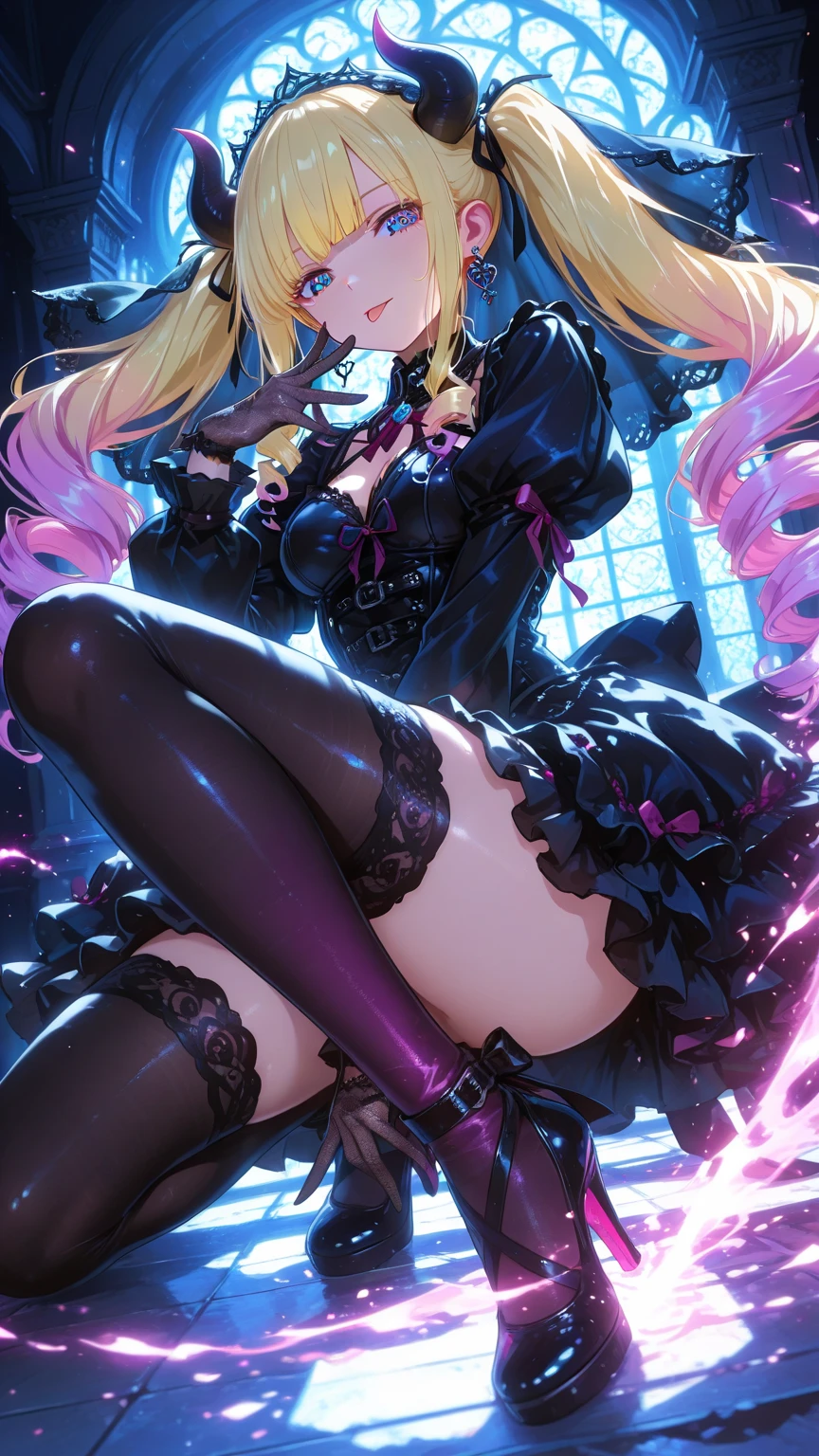 Long wavy blonde hair, green eyes, glasses, pink bow, massive , big ass, juicy lips, big lips, droopy purple eyes, massive lashes,smiling, ((platform boots)), gothic clothes, dark makeup, lace, corset, ((plain background))