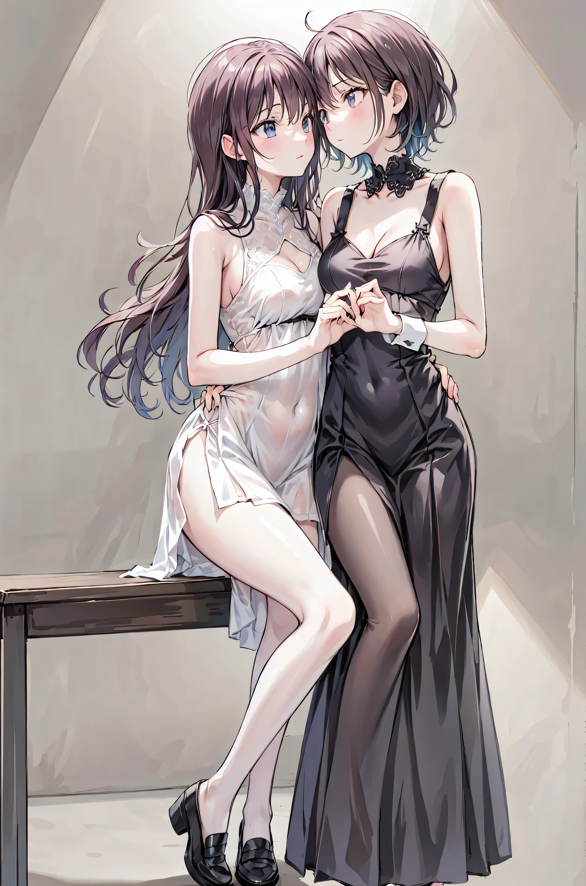 (((yuri))), (((2 girls))), ((evening dress, strapless)), absurdres, RAW photo, extremely delicate and beautiful, masterpiece, Best Quality, ultra high resolution, 32k, hyperrealistic, ultra-detailed, detailed description, perfect anatomy, pale skin, 20 years old, detailed beautiful face and eyes, tearful mole, earring, short medium hair, wavy hair, random colored hair, whole body shot, colossal tits,