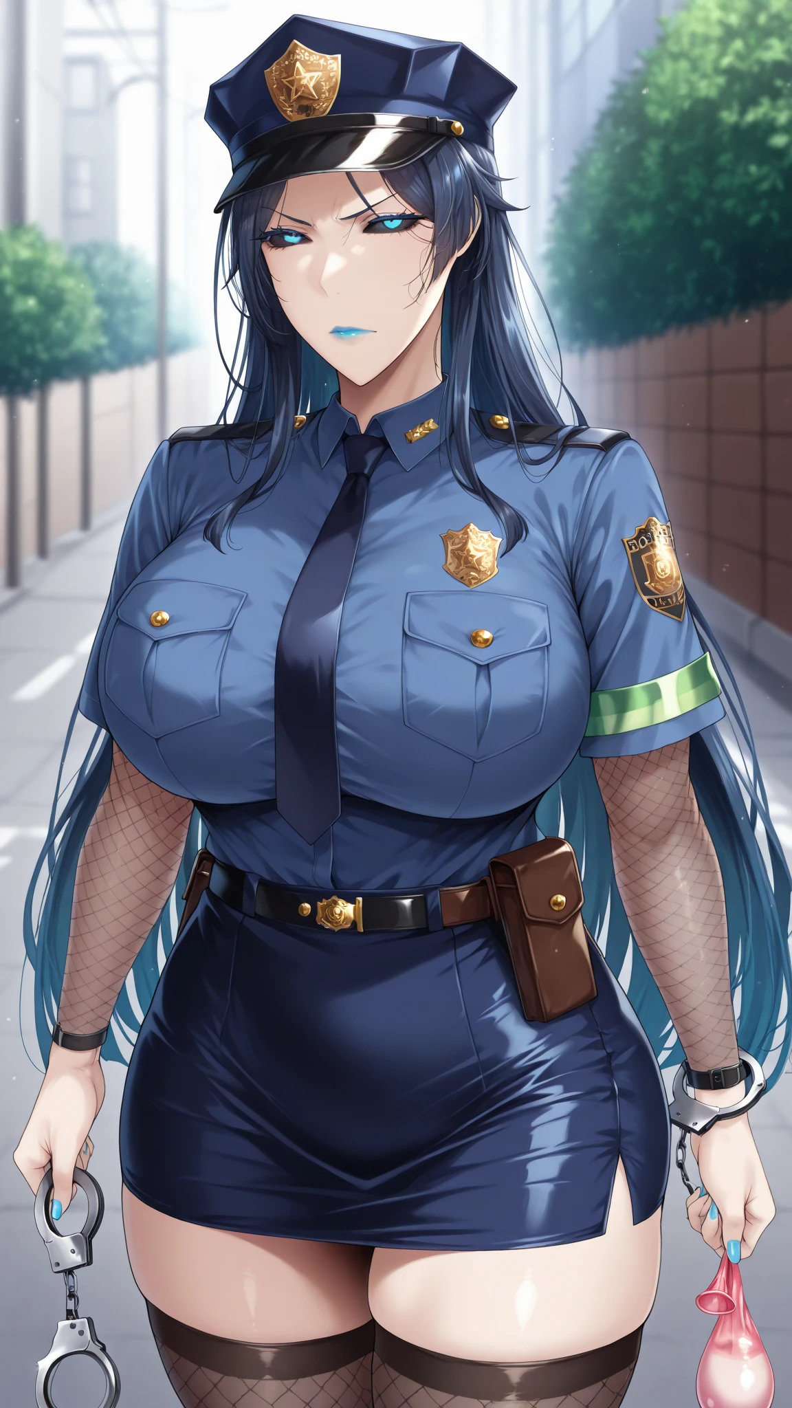 One Woman、Braided twin tails、Huge breasts、(Huge breasts:1.8)、Glasses、blue eyes、Green Hair、 My hair is messy, Black gloves, White socks, Police uniform, Black Skirt, Short sleeve, Cowboy Shot, salute, Put your hands on your hips,Thong underwear,String Panties,Pubic hair sticking out,Pubic hair sticking out,The nipples are erect,Nipples are erect, close your eyes, Tears in the eyes、Open your mouth, What saliva leaves behind, Wet skirt hem, Sticky panties, Bulging of the vibrator cord, Vibrator with Garters, (Daytime park background),(Being watched by a lot of boys),(Being watched by a lot of girls)、I can see her pussy,The vaginal opening is visible,The vagina is visible,The female shadow is visible