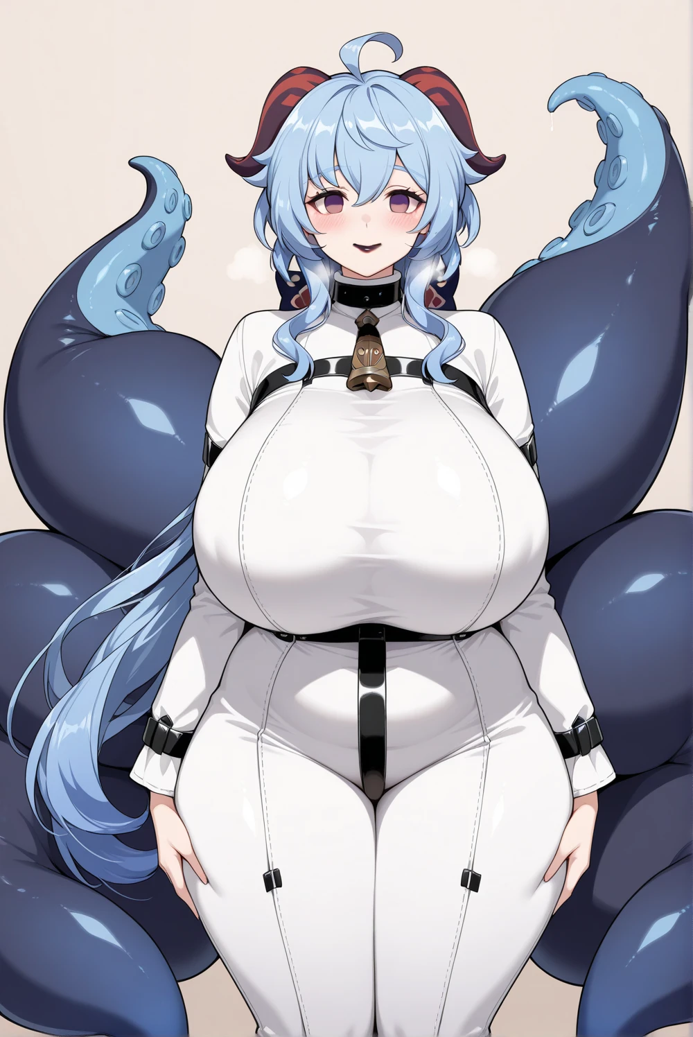 (a white female rabbit furry), white fur, black fur on ear's edje, light blue curly hair, pink eyes, kemomo, bbw, plump, huge breasts