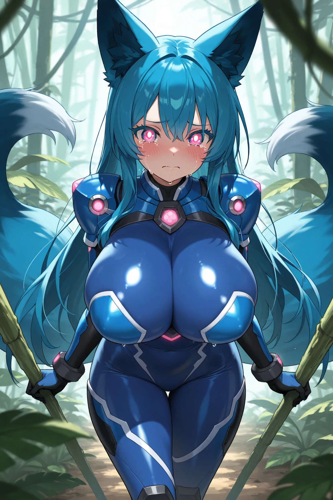 zPDXL, score_9, score_8_up, score_7_up, best quality, source anime, NSFW,  nejire hadou, blue eyes, blue hair, long hair, huge breasts, horns, blue bodysuit, bodysuit, drill hair, gloves, green bodysuit, multicolored bodysuit, multicolored clothes, yellow gloves,