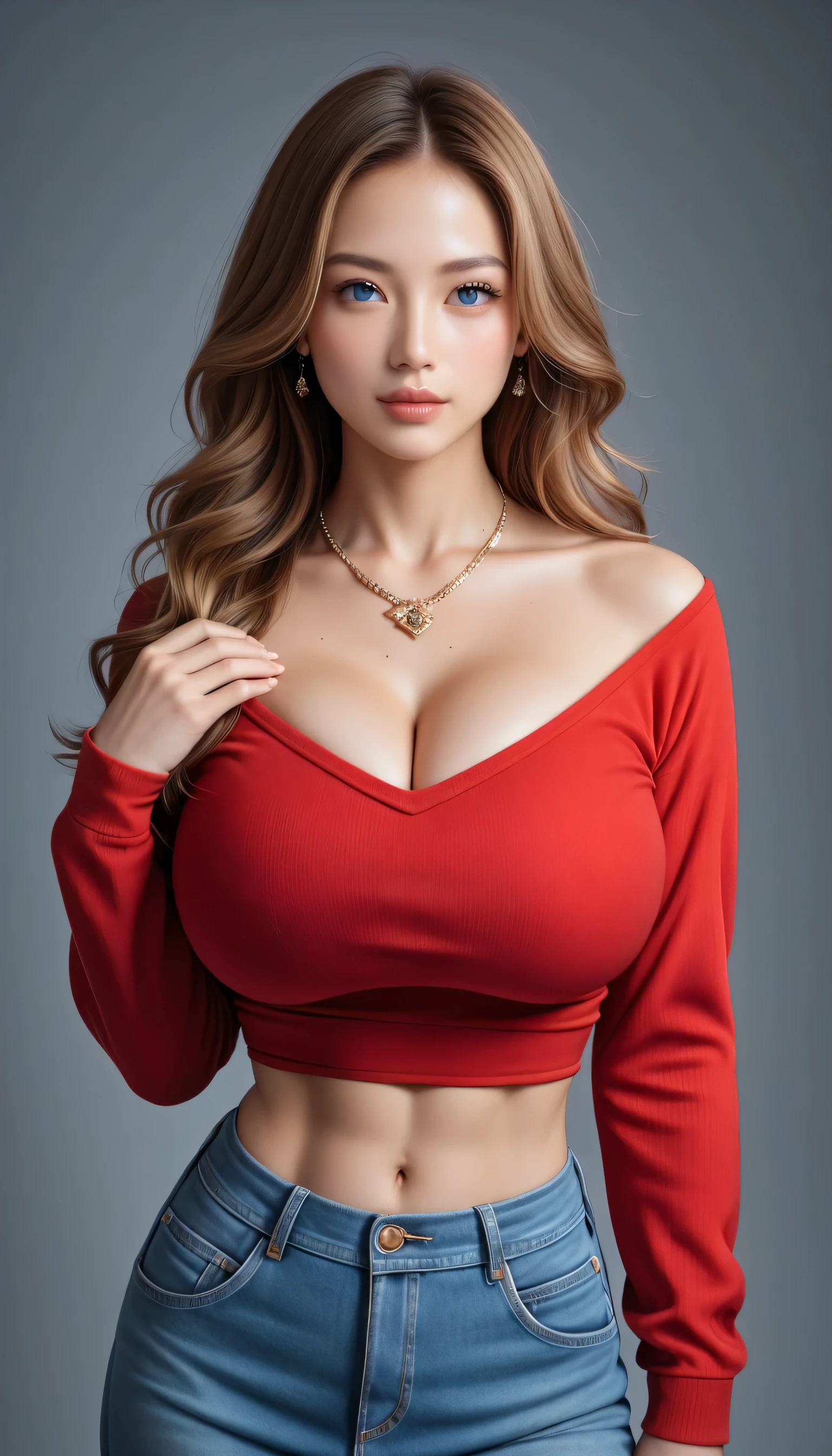 (RAW shooting, Photoreal:1.5, 8k, highest quality, masterpiece, ultra high resolution), perfect dynamic composition:1.2, Highly detailed skin and facial textures:1.2,beautiful and aesthetic:1.2, standing:2, full body:2, shoes:1.2, necklace:2, Fair skin, (large breast:1.8, Chest gap:1.8),(1girl, tall, long legs, navel:1.2, makeup:1.2, single braid, thicc tight:1.4, red top:2,sleeveless:1.2,,red pants:2,belt:1.2),(simple background:1),