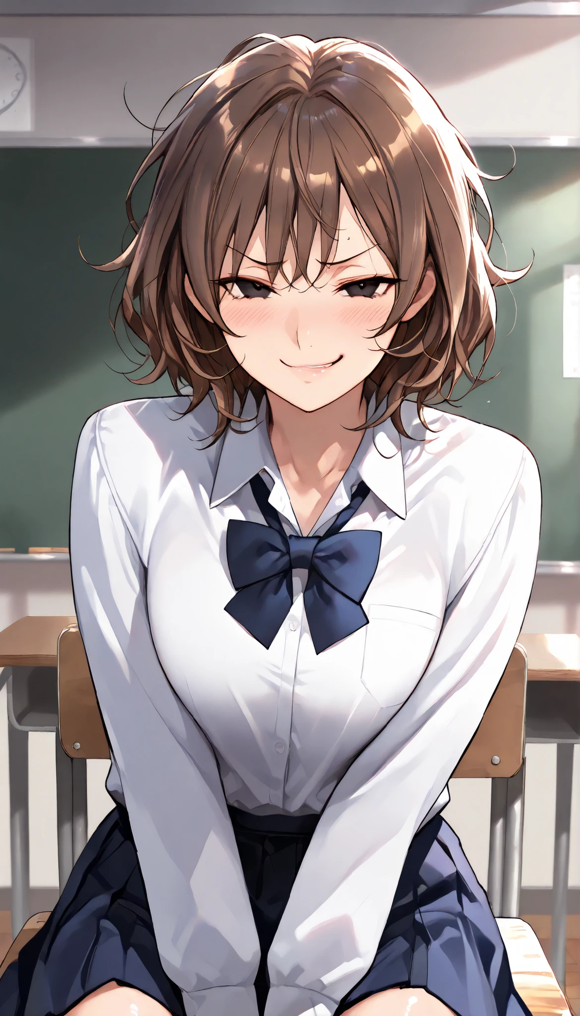 SOLO,Modern Backgrounds,A female with slim body(older girl),Slim body,black eyes,shiny skin,(Wearing A JK skirt),(White school uniform),Sitting in Classroom,Arrogant sitting position,(Brown hair,Short hair,Messy Hair),(Smug),slightly tilted forward,UHD, SOLO, anatomically correct, masterpiece, textured skin, high details, highres, 1080P, 16k, accurate, Beautiful face, Beautiful Nose, Perfect face, Highly detailed beautiful face and eyes, Attractive face, Detailed face, Delicate facial features, Detailed skin,Cowboy shot