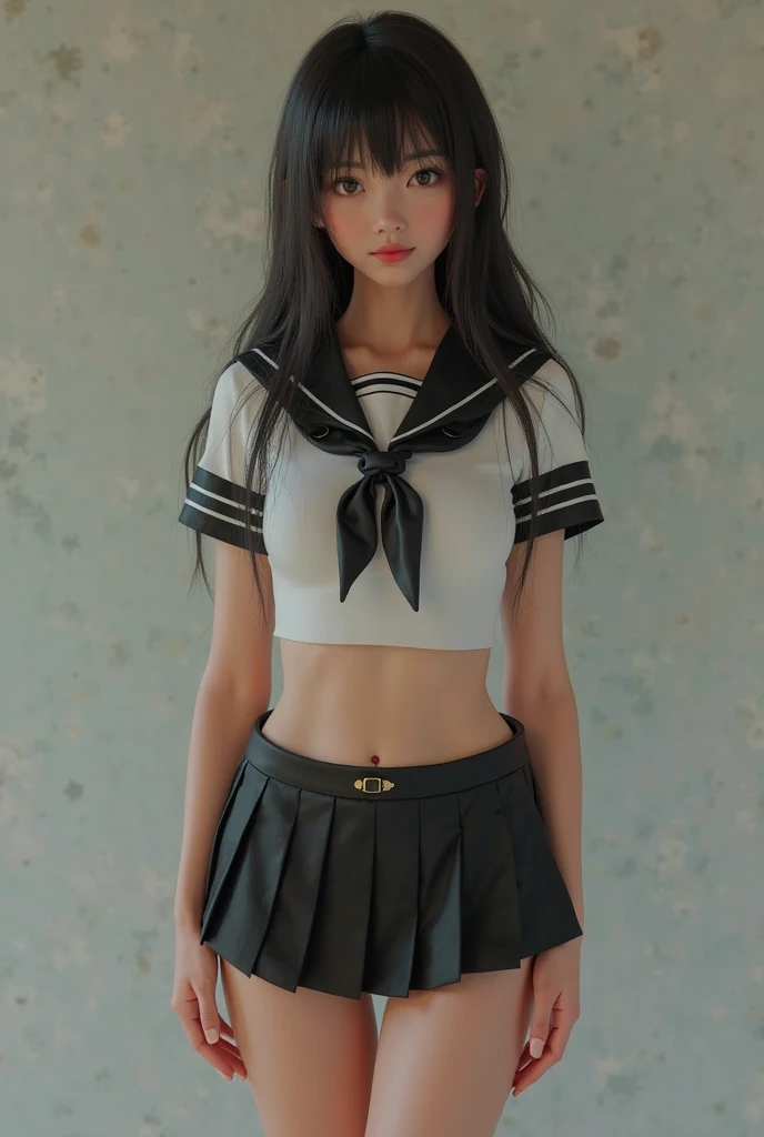 photorealistic, high resolution, 1 girl, black hair, korean, heterochromic eyes, small moles under eyes, big breasts, black shorts,