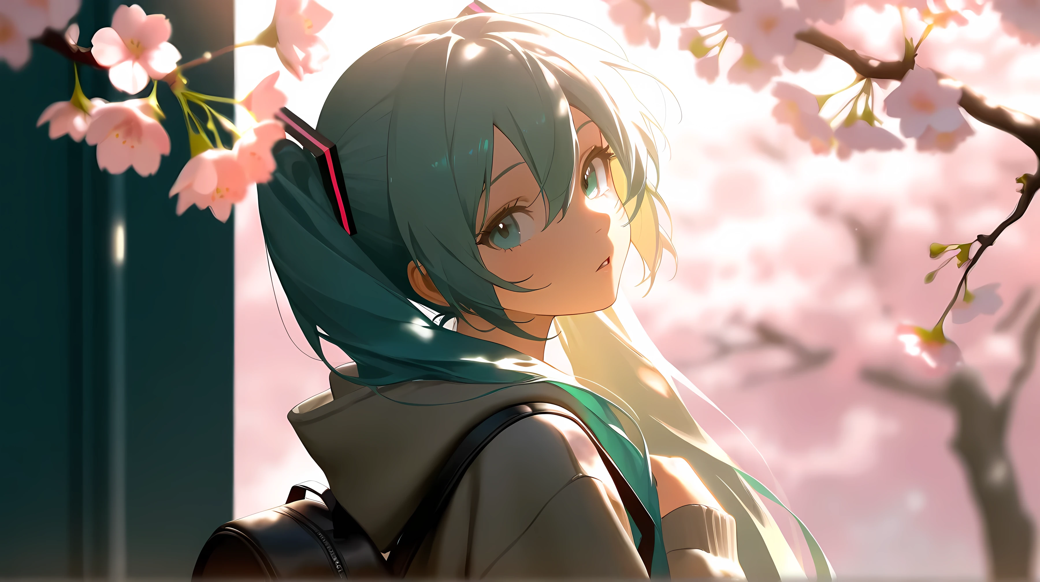 solo,1girl,hatsune miku,bag,backpack,looking at viewer,hood,blurry,hoodie,white background,upper body,cherry blossoms,branch,flower,from side,open mouth,grey hoodie,hair between eyes,hood down,blurry foreground,long sleeves,depth of field,parted lips,hair ornament,looking to the side,portrait,long hair,bunches,,highres,absurdres,newest,very awa,masterpiece,best quality,chiaroscuro,Natural Light,Mood Lighting,cinematic lighting,volumetric lighting,ray tracing,dramatic shadows,dappled light,