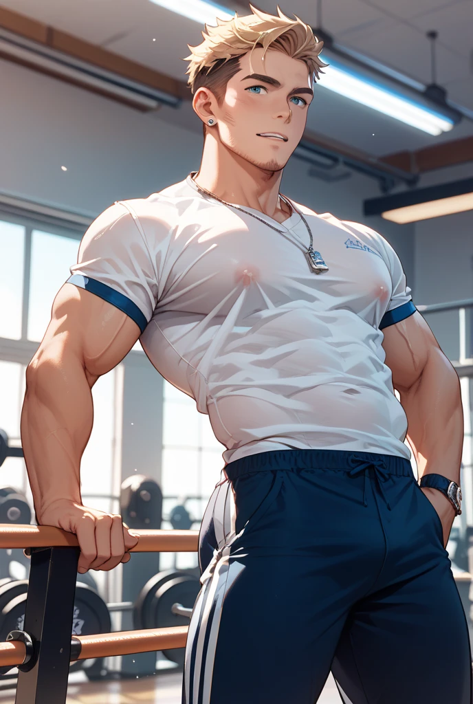 1 handsome man,Strong, big muscles, Gym ,White and blue t-shirt