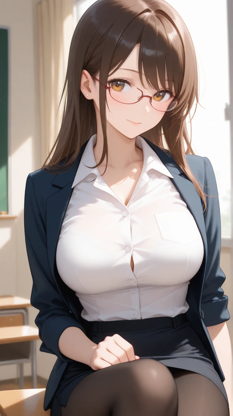 1 girl, glasses, big breasts, unbuttoned shirt, mini skirt, loose hair, smiling at you, sexy pose, blush, night light, detailed anime face, beautiful eyes, detailed hand, long eyelashes, detailed lips, detailed skin, intricate details, elegant, beautiful lighting, cool colors, cinematic, soft focus, photorealistic, masterpiece, 8k, ultra-detailed, (best quality, 4k, 8k, highres, masterpiece:1.2), ultra-detailed, (realistic, photorealistic, photo-realistic:1.37)