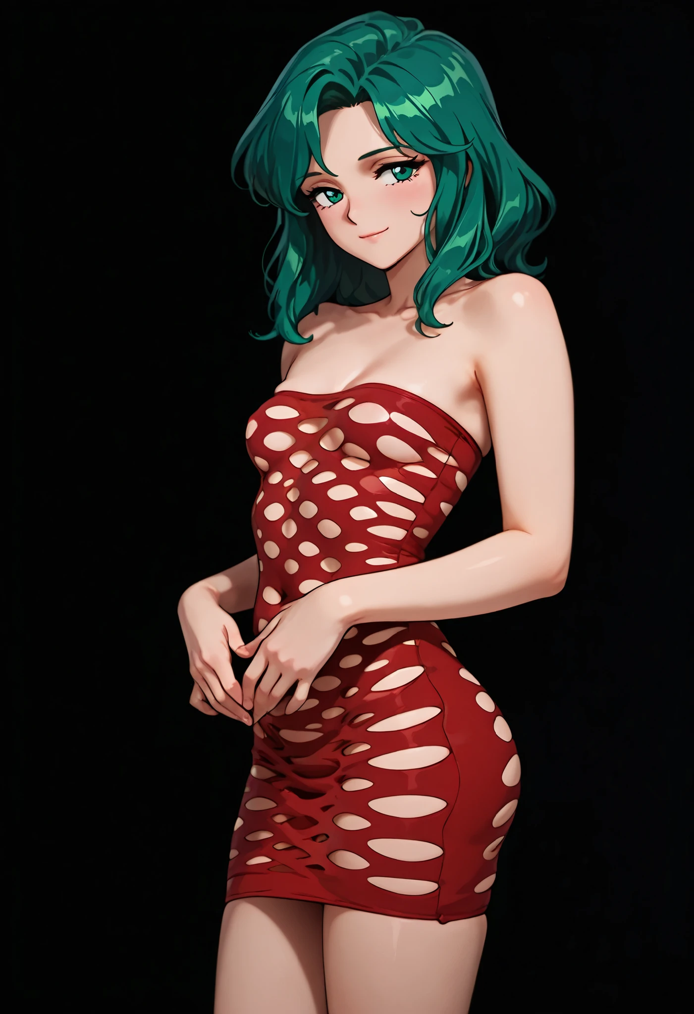 masterpiece, amazing quality, best quality, ultra-detailed, 8K, illustration, clear skin, ultra-detailed-eyes, soft skin, very awa, very as2, soft body, 1990s \(style\), official art, michiru kaiou, teal eyes, green hair, medium hair, small breasts, Strapless_Pothole_Tube_Dress_SKNSFW, short dress, mature woman, strapless dress, red dress, simple background, black background, light smile, posing
