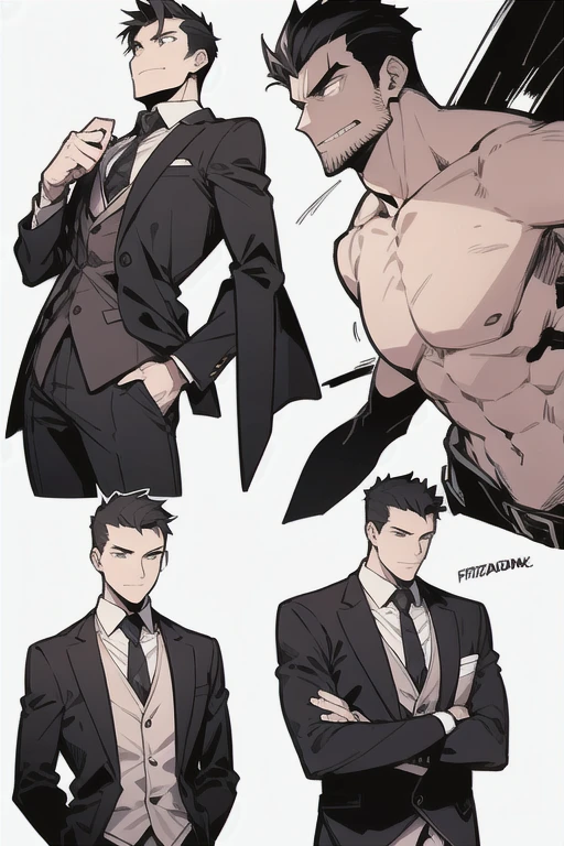 masterpiece, best quality, 1boy, black jacket, hood, ahoge, short hair, brown hair, black pants, smile, hands up, simple background, white background, upper body Muscular body, Imposing body, Imposing appearance, muscular arms, muscular legs, only body, trapezoid torso, sturdy body, muscular body, defined round and fleshy pecs, defined washboard ABS, defined arms, defined legs, flexing his muscles