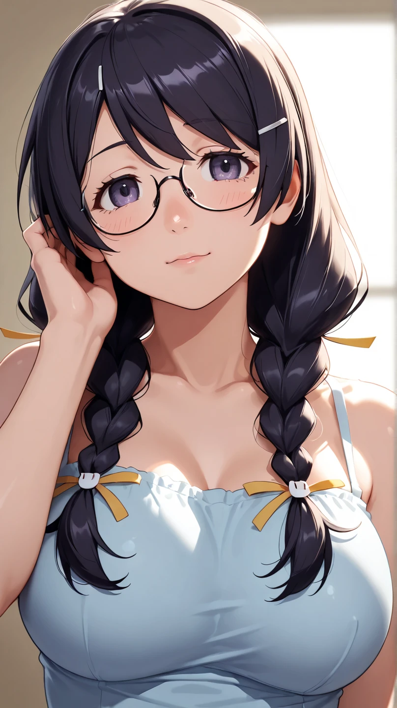 {{{Neon Genesis Evangelion, Mari Illustrious Makinami:1.9}}}, 8k, best quality, ultra-detailed, high resolution, highly detailed CG, clear, top aesthetic, excellent shading, (photorealistic:1.3), high contrast, ultra-fine illustration, shrink rate, beautiful detailed eyes, beautiful detailed skin, realistic skin, beautiful detailed hands, beautiful detailed fingers, beautiful detailed hair, detailed hair strands, beautiful detailed ears, beautiful detailed lips, professional lighting, beautiful detailed background, very realistic background, one girl, 独奏, 25 years old, beautiful woman, (Shiny dark brown hair, Long Hair, Low twin tails), (Wearing red glasses), (She wears a light blue thin hairband.), (Dark Eyes, There is a little green in it), There is cleavage in the chest, Cowboy Shot, Full Body, (blush), Purple Skirt, Tempting, Reader model,