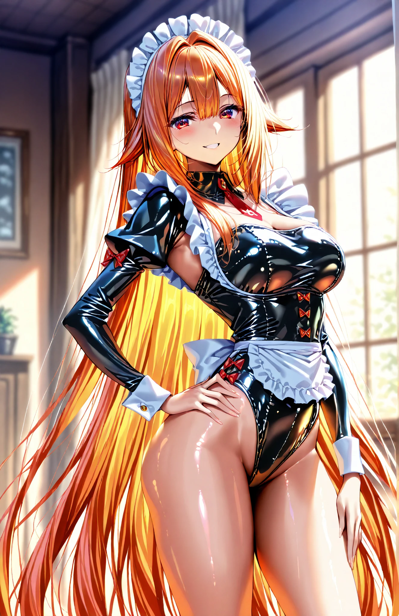 (solo), (1 skinny girl standing), Silence Suzuka, uma-musume, orange long straight hair, orange tail, BREAK, (skinny), short torso, (very skinny legs:1.2), (bursting perky breasts), swaying back, skinny small hip, skinny thighs, BREAK, (apron), too short skirt, thigh gap, BREAK, forced smile, orgasm, nsfw, coverd erectile nipples, pussy juice, breast milk flowing down from covered nipples, (lactating nipples)