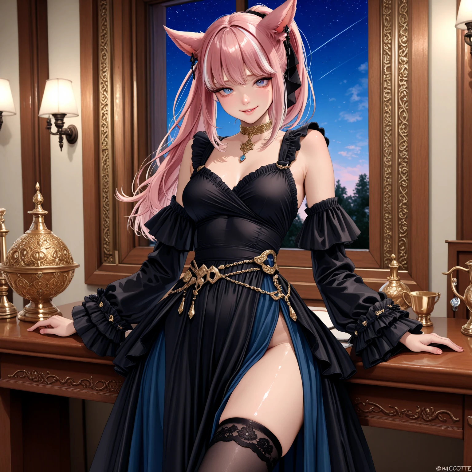 a beautiful young woman with cat ears and tail, medieval fantasy, long flowing hair, detailed face, delicate facial features, big eyes, pink lips, wearing sexy revealing outfit, posing sensually, ornate medieval background, magical glowing effects, warm color tones, cinematic lighting, highly detailed, photorealistic, masterpiece
